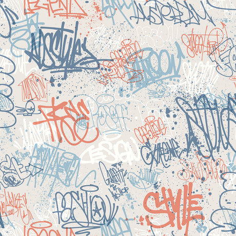 Graffiti Blue non-woven wallpaper roll with street art tags and splatters