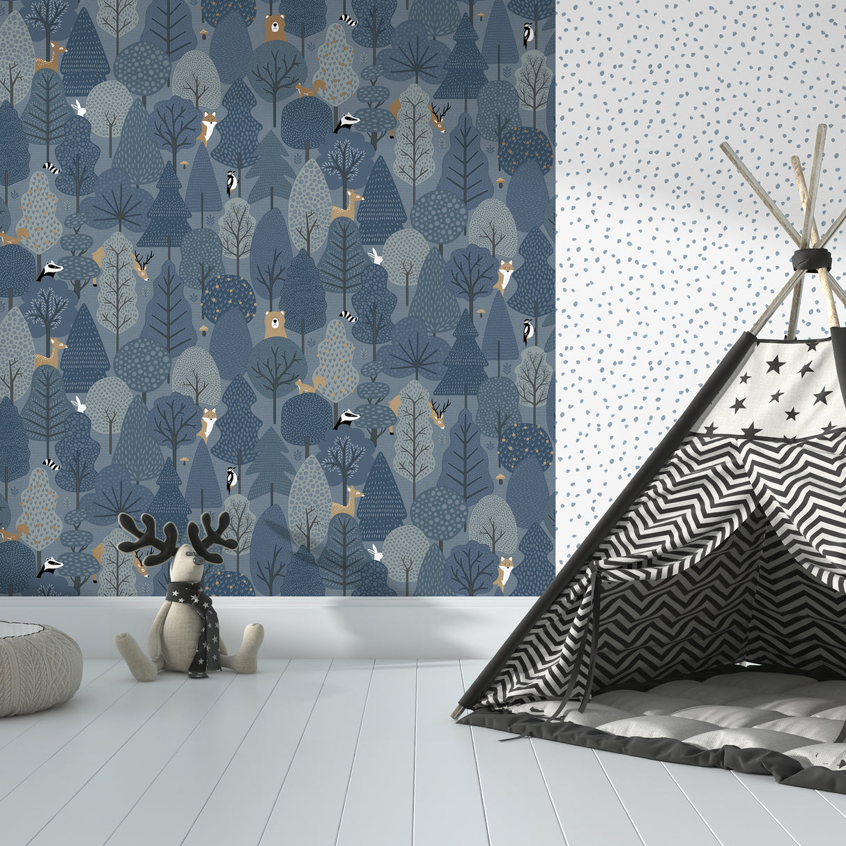 Enchanted Forest Starry Night Navy by Veer Decor Kids Forest Animal Wallpaper – Veer Decor VRKG01-615