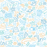 Doodle Blue kids doodle non-woven wallpaper roll by Veer Decor, blue and gold sketches on white