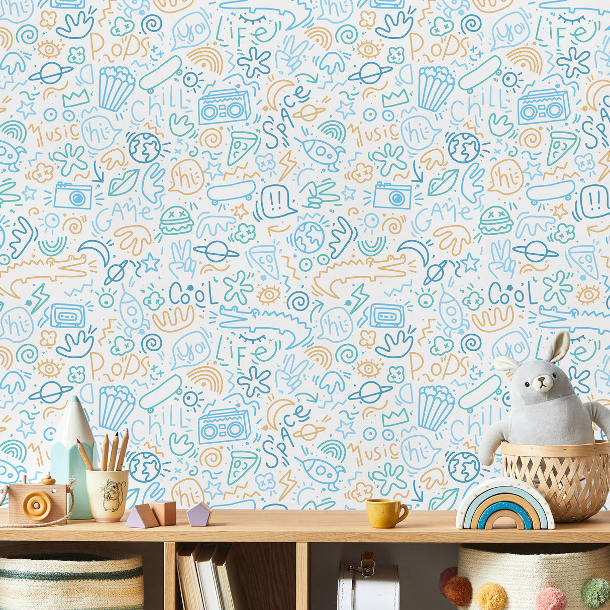 Doodle Blue by Veer Decor Kids Novelty Wallpaper – Veer Decor VRKG01-754