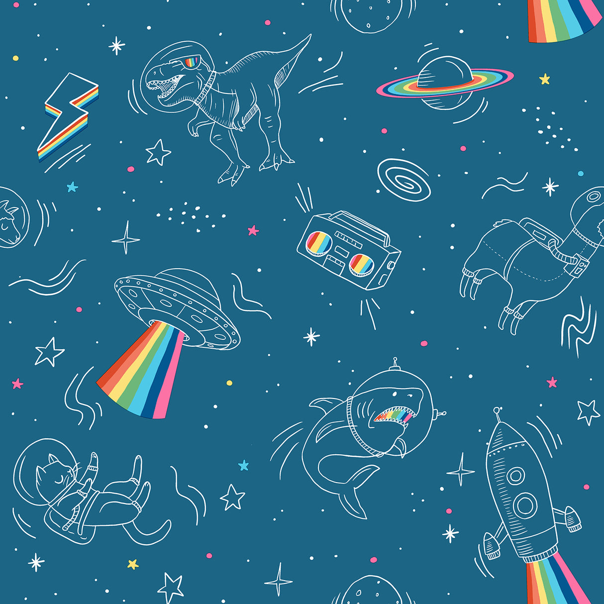 Space Adventures Blue kids wallpaper with rockets, astronauts, UFOs and rainbow accents on blue ground