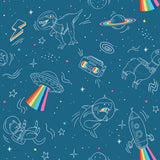 Space Adventures Blue kids wallpaper with rockets, astronauts, UFOs and rainbow accents on blue ground