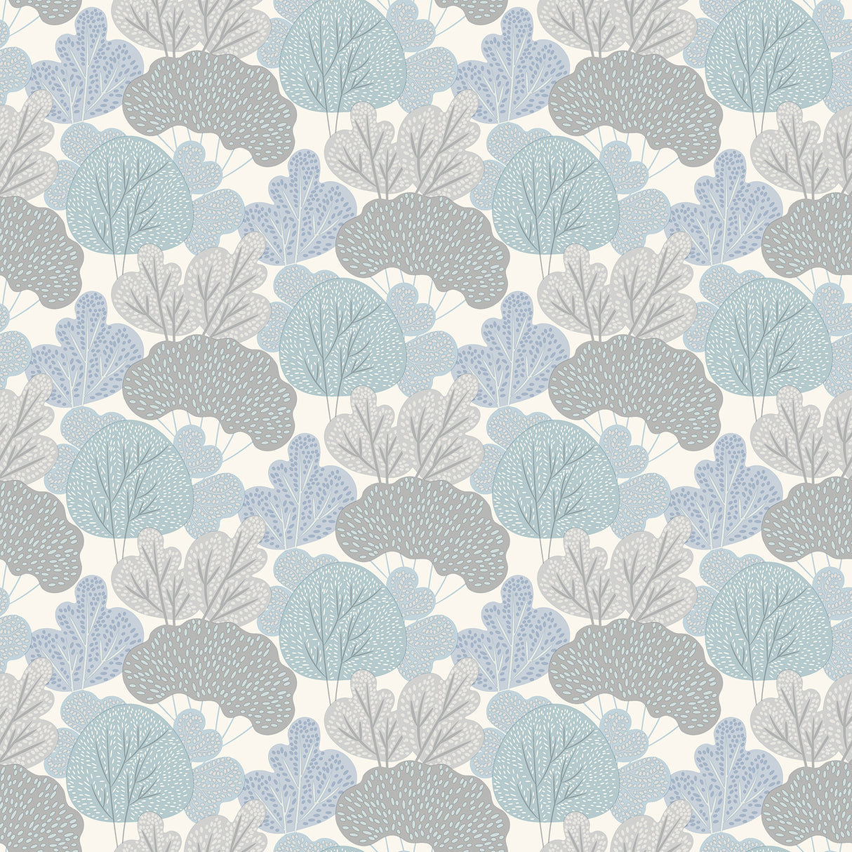 Little Woods Blue non-woven wallpaper roll with whimsical tree pattern, 20.86 in x 33 ft