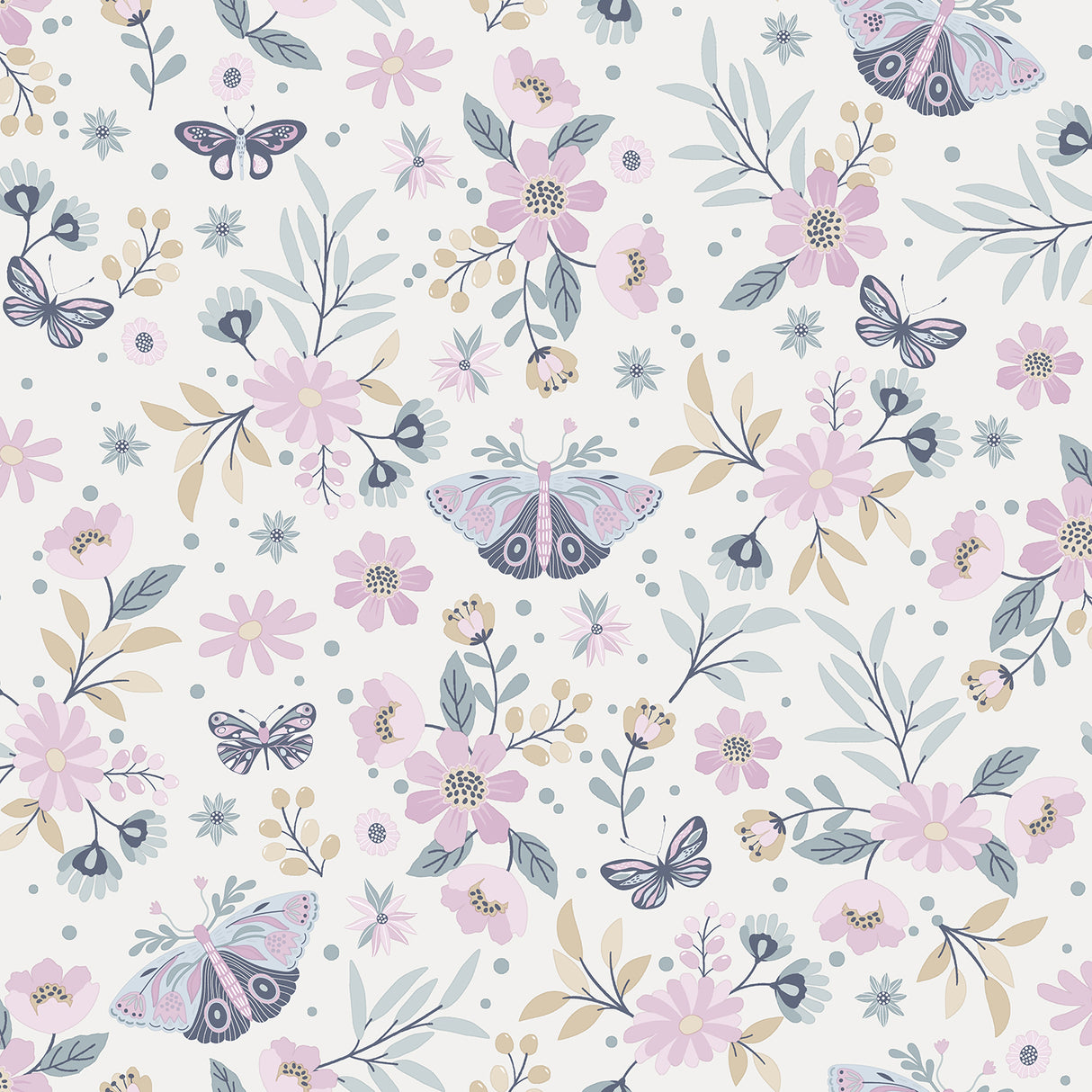 Whimsical Meadow Pink non-woven wallpaper with butterflies and flowers