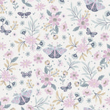 Whimsical Meadow Pink non-woven wallpaper with butterflies and flowers