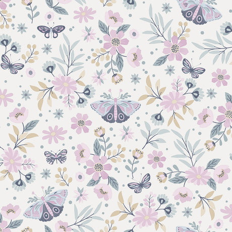 Whimsical Meadow Pink non-woven wallpaper with butterflies and flowers