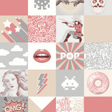 Pop Art Patchwork Pink non-woven wallpaper roll showing pink and neutral pop art tiles
