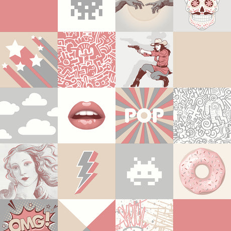Pop Art Patchwork Pink non-woven wallpaper roll showing pink and neutral pop art tiles