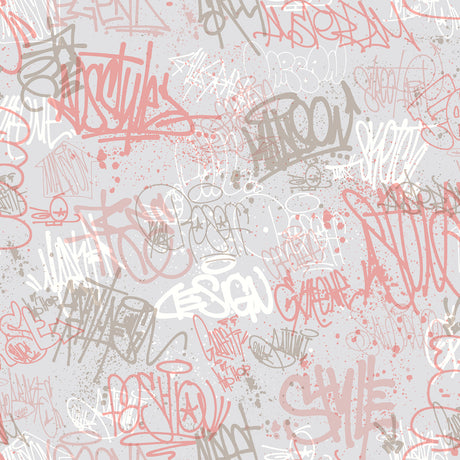 Graffiti Rose pink non-woven wallpaper with street art tags