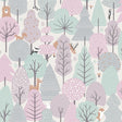 Enchanted Forest Pink children’s woodland non-woven wallpaper roll showing pastel trees and animals