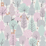 Enchanted Forest Pink children’s woodland non-woven wallpaper roll showing pastel trees and animals
