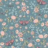 Whimsical Meadow Green non-woven wallpaper with butterflies and flowers - roll and lifestyle images