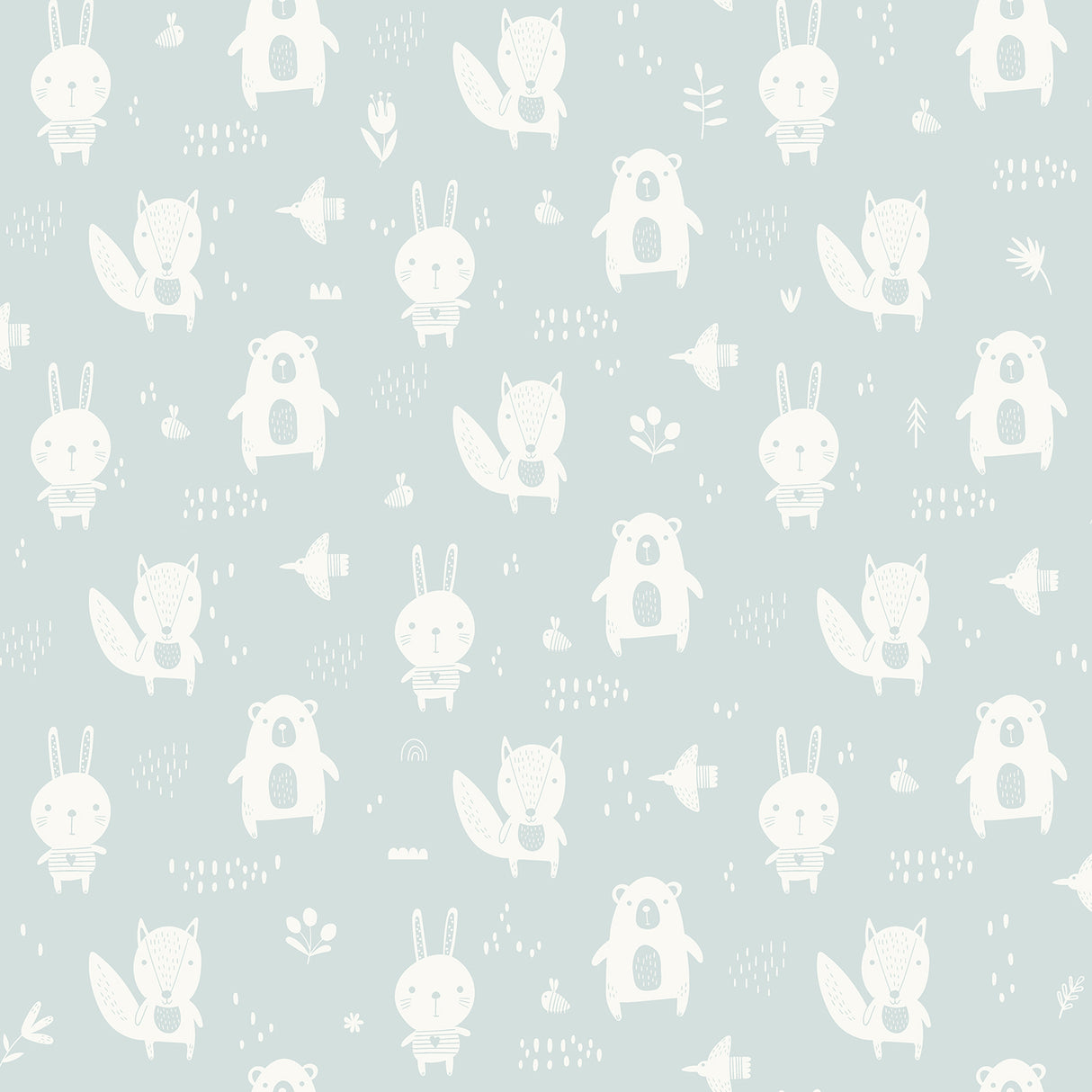 Little Animal Friends Green wallpaper roll and room scene