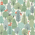 Enchanted Forest Green kids wallpaper with whimsical trees and woodland animals