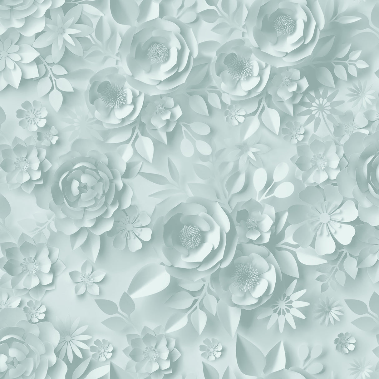 Paper Flowers Green non-woven wallpaper roll with 3D floral collage pattern
