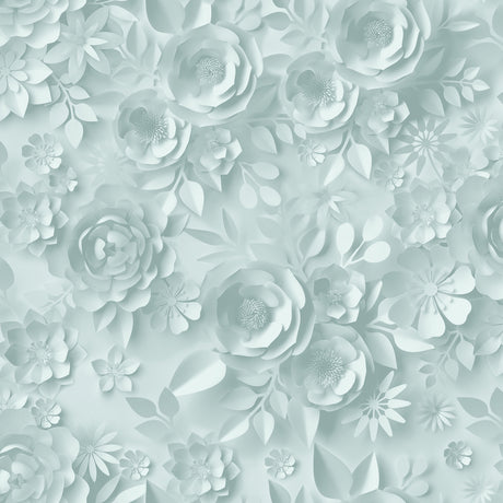 Paper Flowers Green non-woven wallpaper roll with 3D floral collage pattern