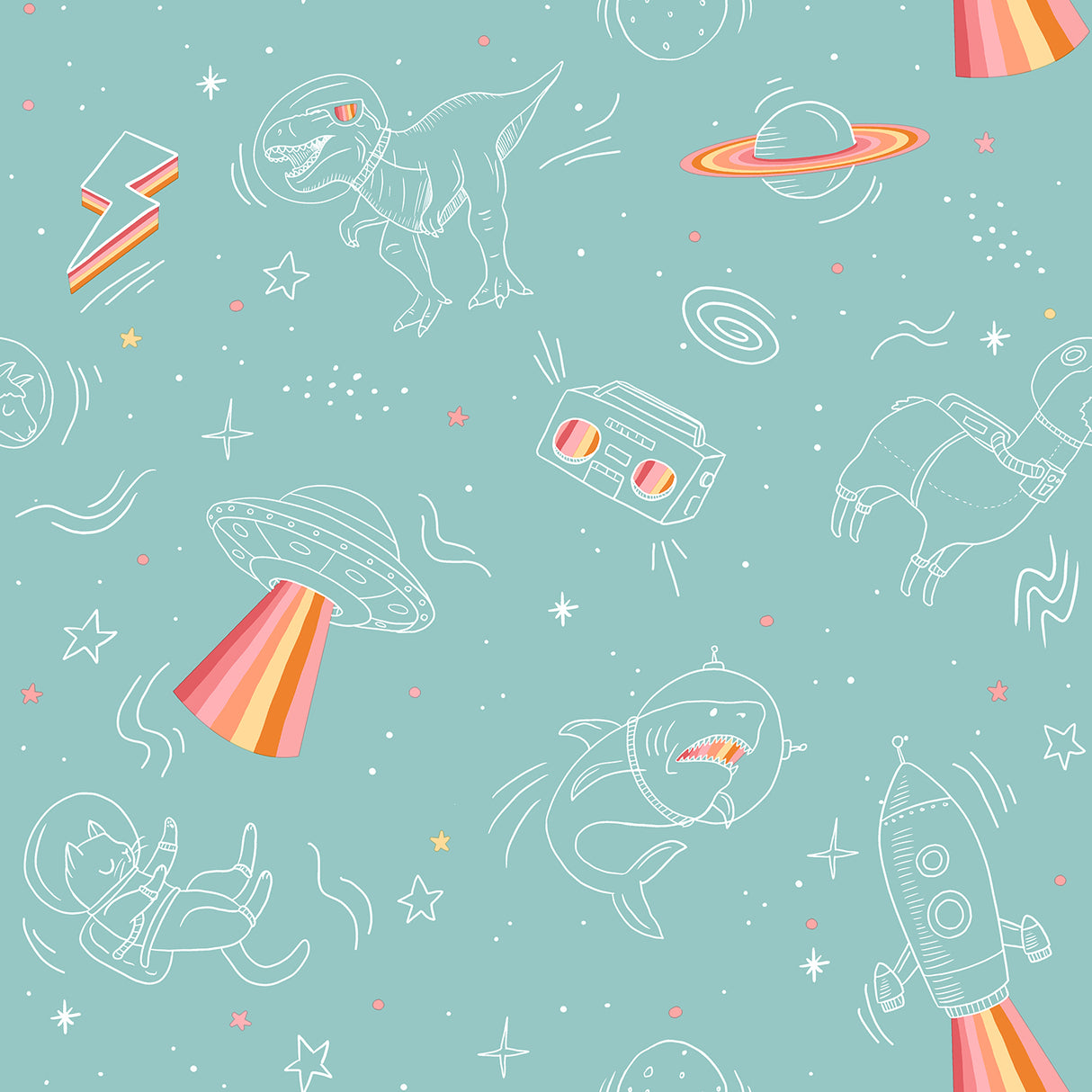 Space Adventures Aqua kids non-woven wallpaper roll with rockets, UFOs and planets on teal ground