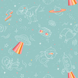 Space Adventures Aqua kids non-woven wallpaper roll with rockets, UFOs and planets on teal ground