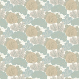 Little Woods Neutral Wallpaper roll showing stylized tree pattern in cream, blue, and taupe