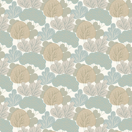 Little Woods Neutral Wallpaper roll showing stylized tree pattern in cream, blue, and taupe