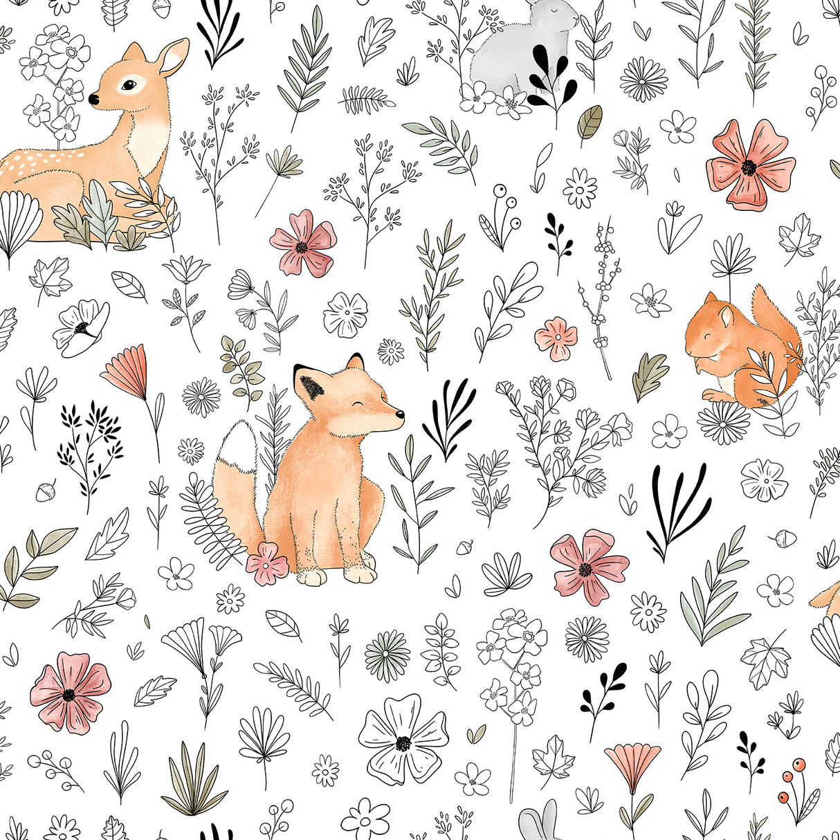 Calm Forest kids woodland animals and florals non-woven wallpaper roll VRKG05-815