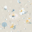 Woodland Friends beige kids wallpaper with playful forest animals and campfire - roll view