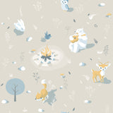 Woodland Friends beige kids wallpaper with playful forest animals and campfire - roll view