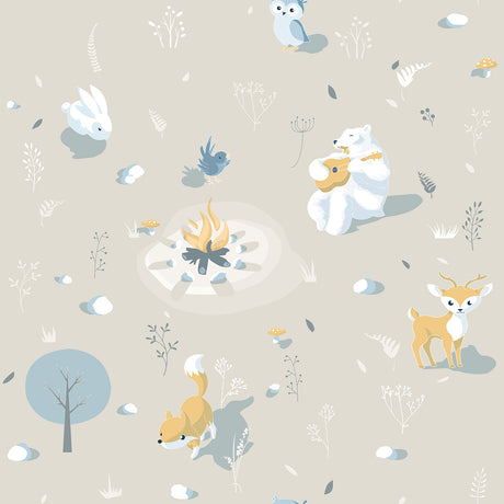 Woodland Friends beige kids wallpaper with playful forest animals and campfire - roll view