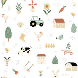 The Simple Life kids farm novelty wallpaper roll with tractors barns animals on white – VRKG07-515