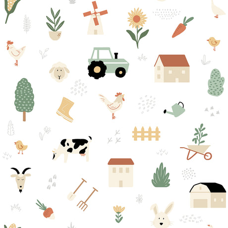 The Simple Life kids farm novelty wallpaper roll with tractors barns animals on white – VRKG07-515