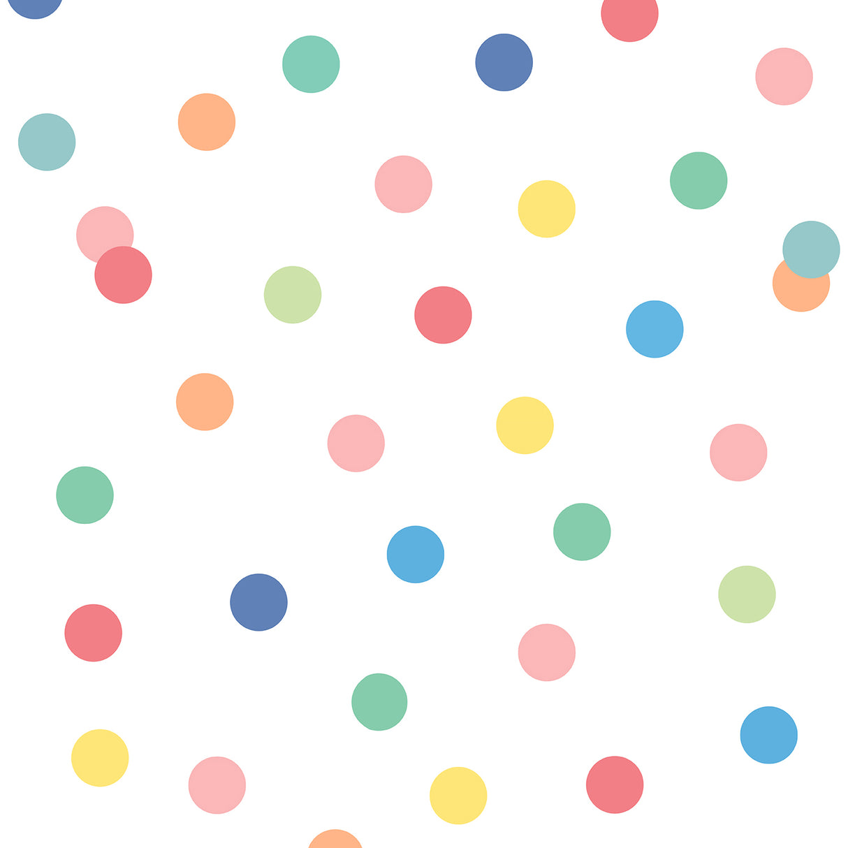 Polka Dot Party Multicolor non-woven wallpaper roll with colorful dots on white background