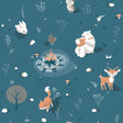 Woodland Friends Blue kids wallpaper roll with forest animals and campfire pattern, 20.86 in x 33 ft