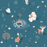 Woodland Friends Blue kids wallpaper roll with forest animals and campfire pattern, 20.86 in x 33 ft