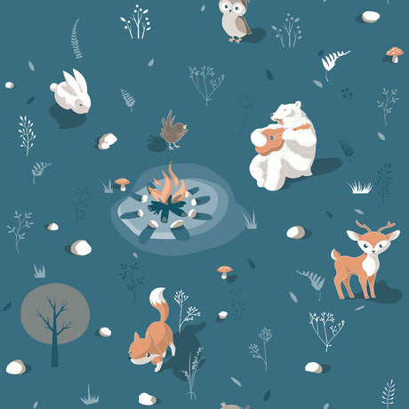 Woodland Friends Blue kids wallpaper roll with forest animals and campfire pattern, 20.86 in x 33 ft