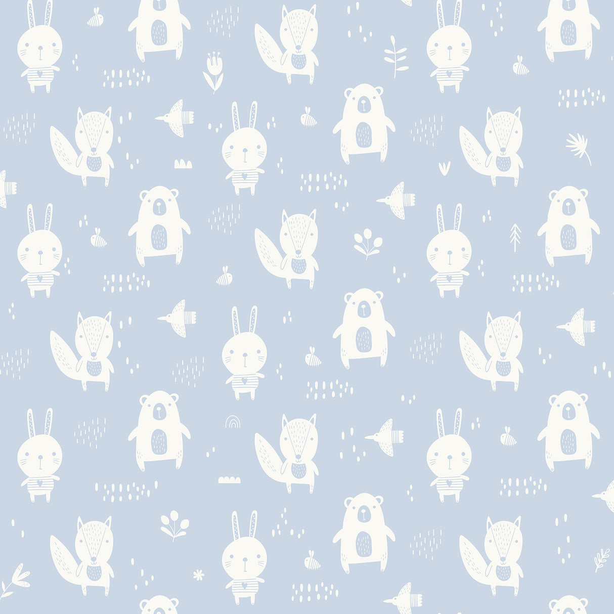 Little Animal Friends Blue kids wallpaper roll showing white woodland animals on light blue