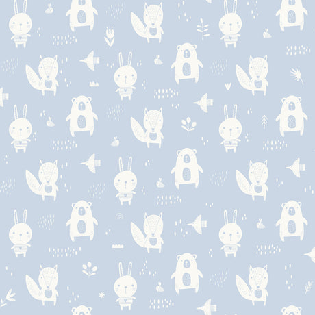Little Animal Friends Blue kids wallpaper roll showing white woodland animals on light blue