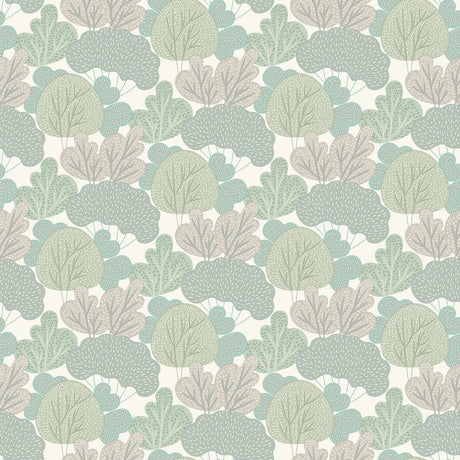 Little Woods Green non-woven wallpaper with whimsical tree pattern