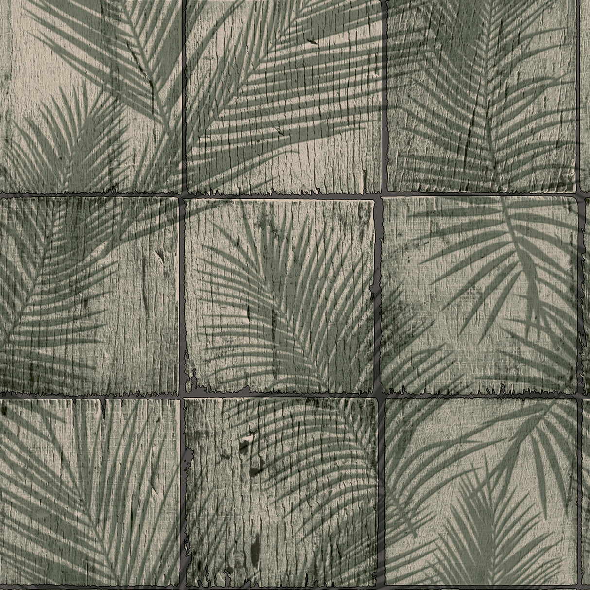 Rustic Palm Shadow Tile Green textured vinyl wallpaper roll showing palm frond shadow tile pattern