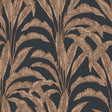 Luxe Tropical Palm orange palm fronds on black ground textured vinyl wallpaper roll and lifestyle room view