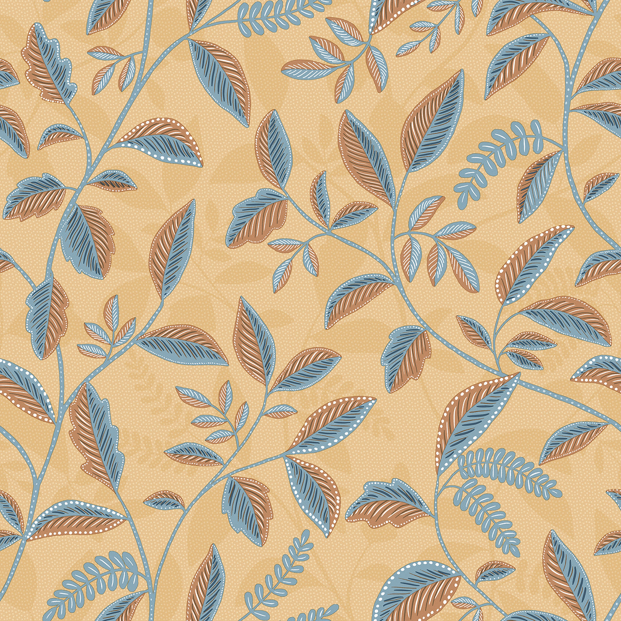 Tranquil Leafy Vine Ocher floral wallpaper roll with blue and brown leaves on ocher ground