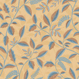 Tranquil Leafy Vine Ocher floral wallpaper roll with blue and brown leaves on ocher ground