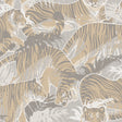 Tiger Squad Beige wallpaper with leaping tigers on textured linen-look ground