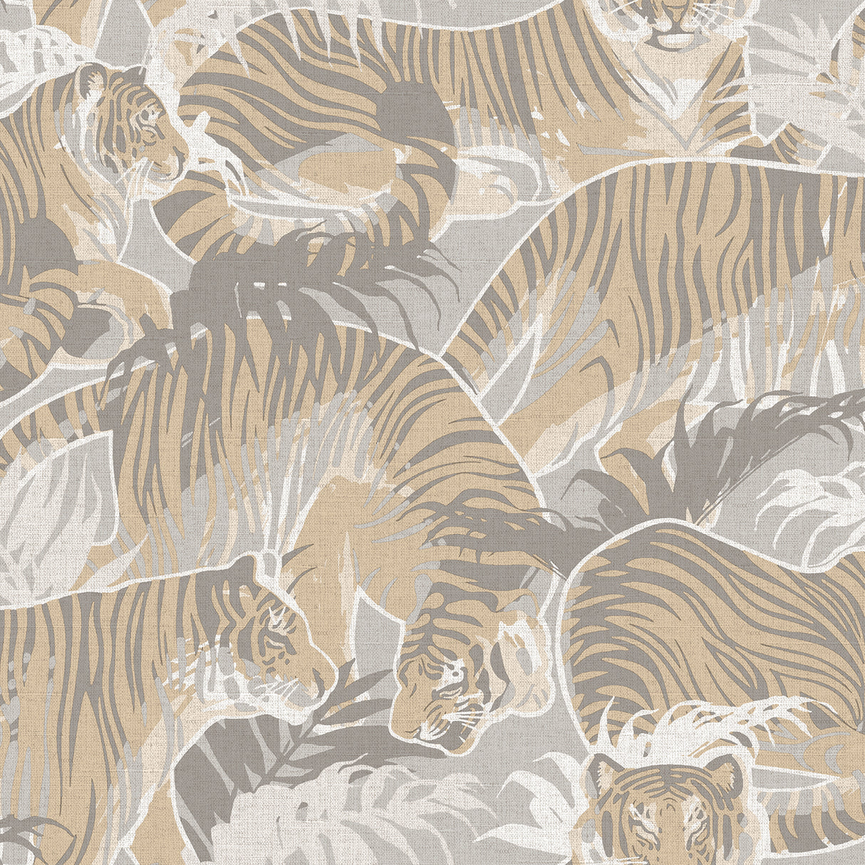 Tiger Squad Beige wallpaper with leaping tigers on textured linen-look ground
