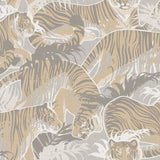 Tiger Squad Beige wallpaper with leaping tigers on textured linen-look ground
