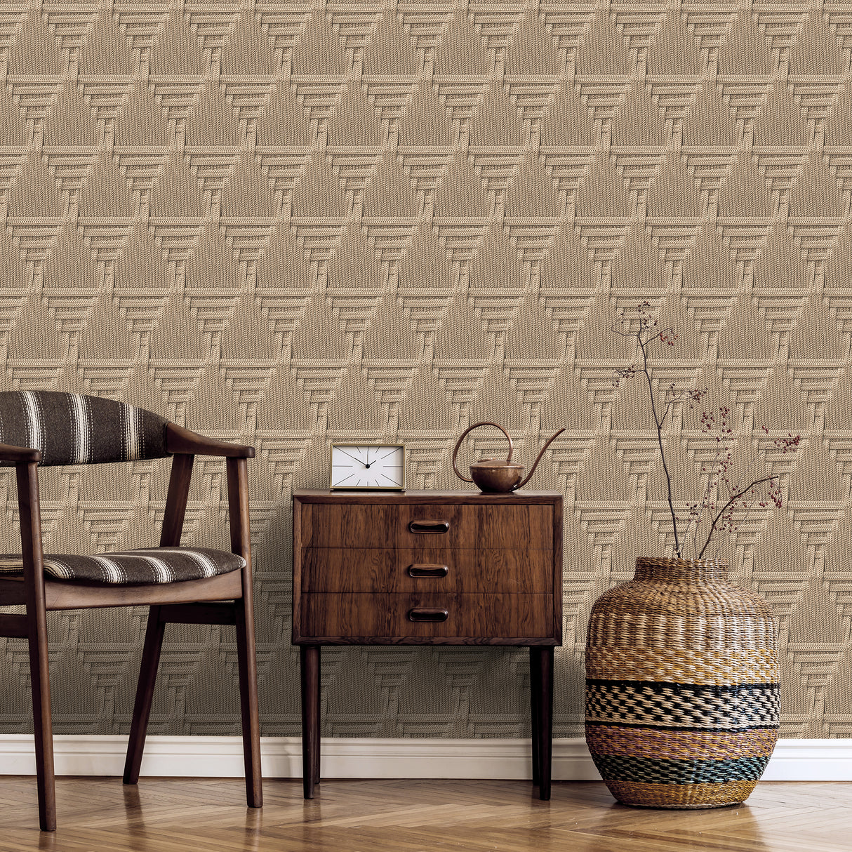 Rope Weave Diamond Beige by Veer Decor Textured Non-Woven Unpasted Wallpaper – Veer Decor VRNO07-886