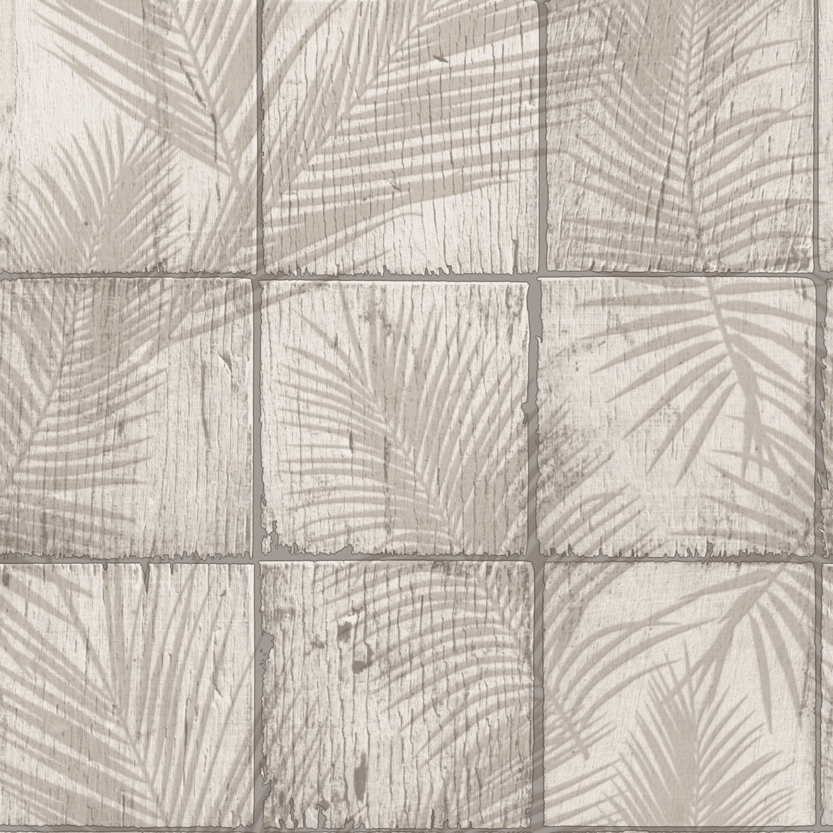 Rustic Palm Shadow Tile Beige Wallpaper roll and lifestyle