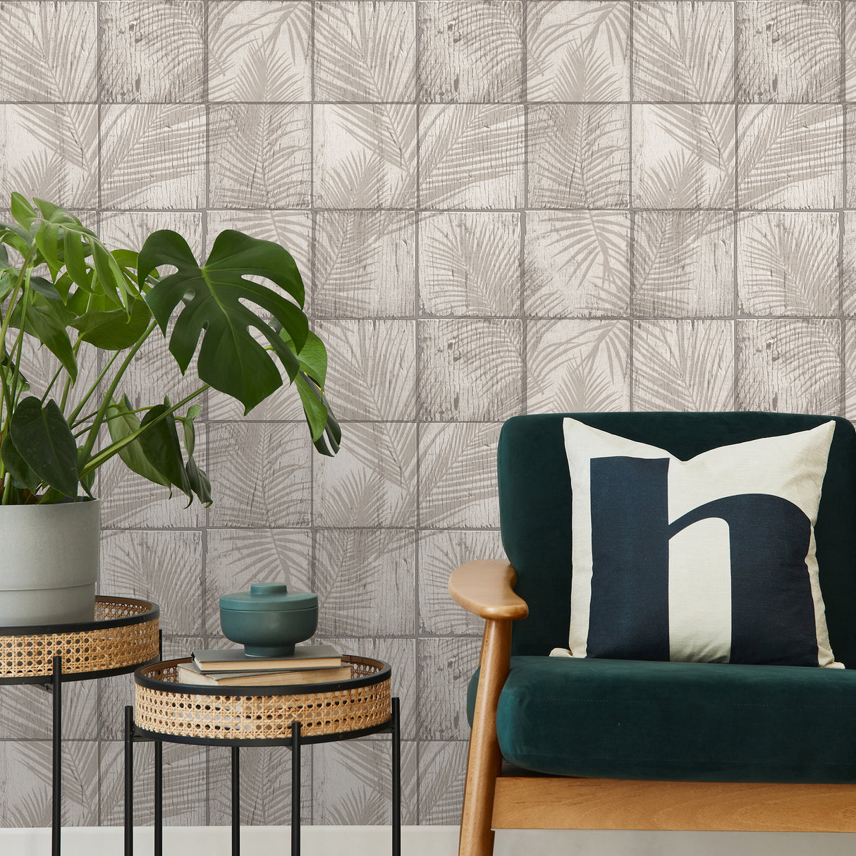 Rustic Palm Shadow Tile Beige by Veer Decor Textured Vinyl Wallpaper – Veer Decor VRNO07-986