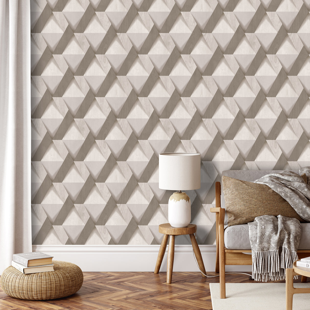 Modern Losange Wood Taupe by Veer Decor Geometric Textured Vinyl Wallpaper – Veer Decor VRNO08-196