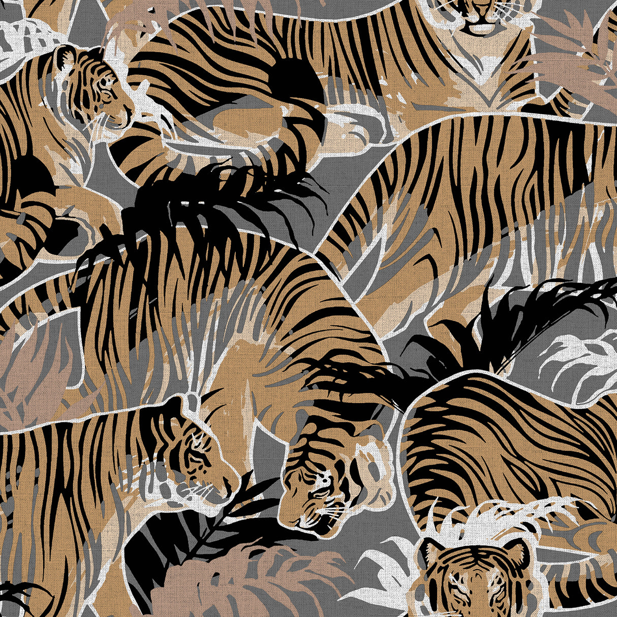 Tiger Squad Terra Noir textured vinyl wallpaper with leaping tigers in black and tan on charcoal background