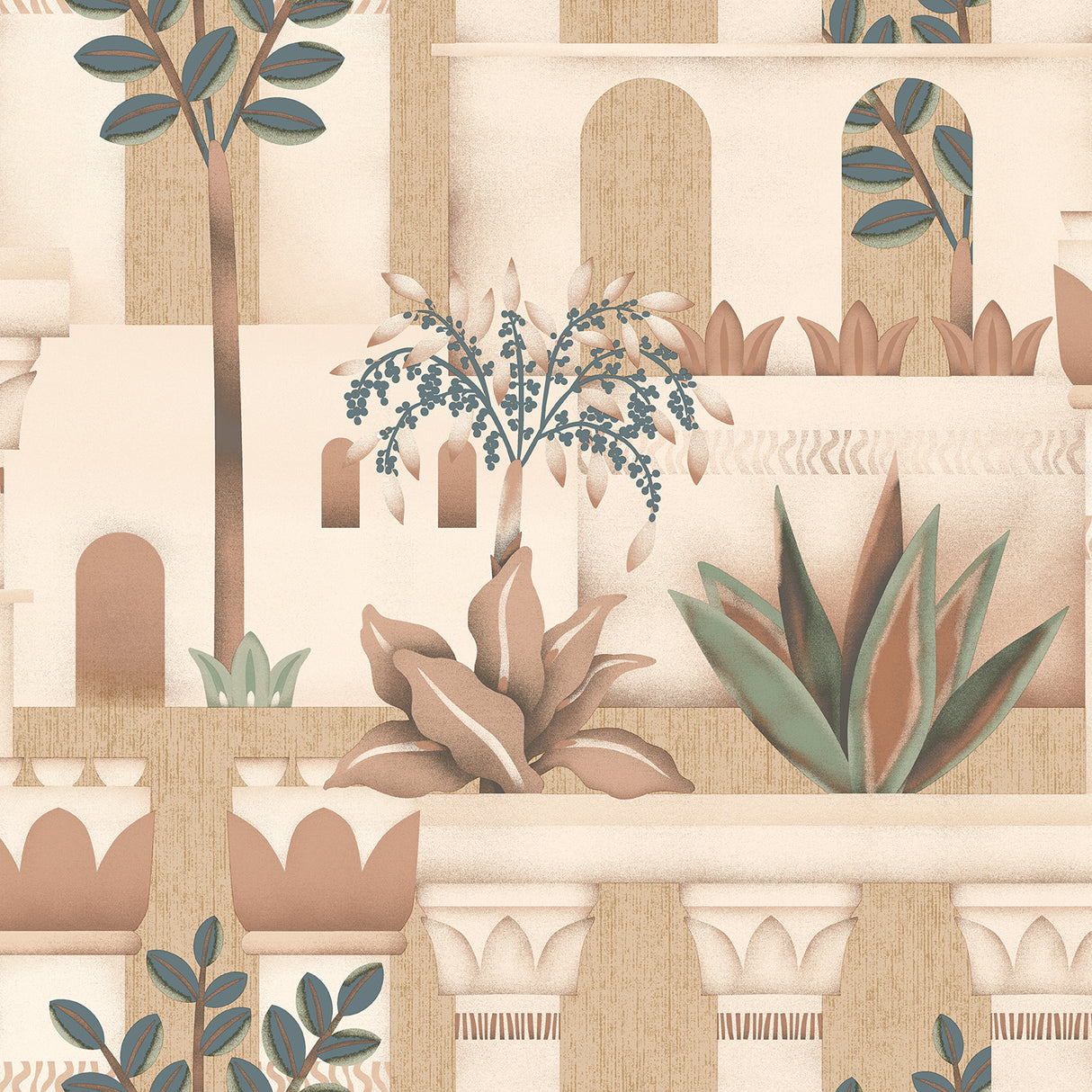 Mediterranean Villa Garden Orange textured vinyl wallpaper roll with arches and botanicals, 20.86 in x 33 ft